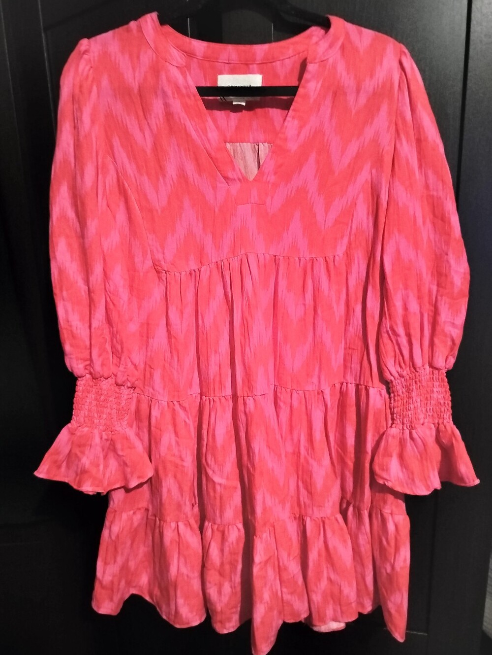 Pomander Place Tuckernuck Vibrant Pink Ikat V-Neck Tiered Mini Dress - Small